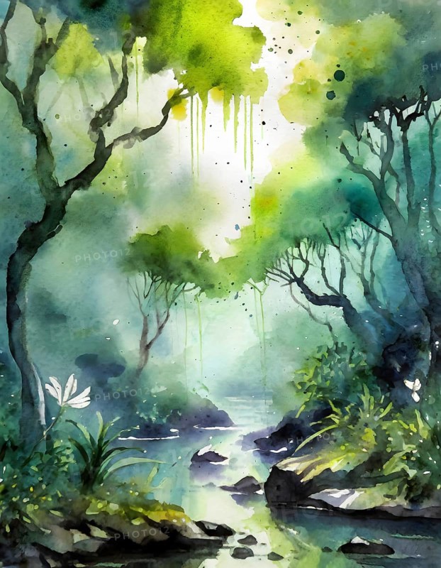 AI generated image showing a dense jungle scenery including a small river, watercolor style with splashes and spots