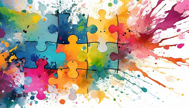 Matching theme showing puzzle pieces in multicolored vibrant splashy ambiance. AI generated image with lots of paint splashes, splatter and spots