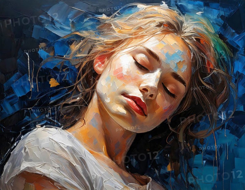 AI generated image showing the portrait of a painted young woman while dreaming with closed eyes
