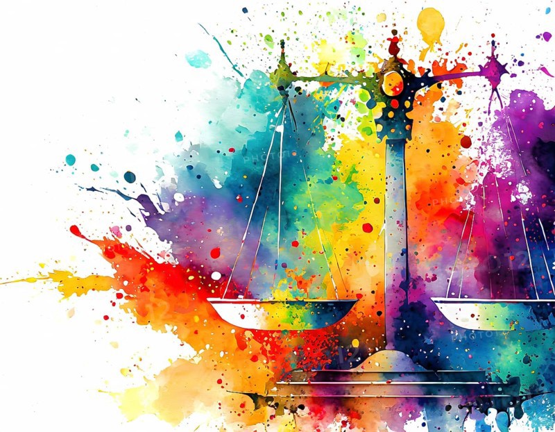 Justice and equity theme showing a weighing scale in multicolored vibrant splashy ambiance. AI generated image with lots of paint splashes, splatter and spots