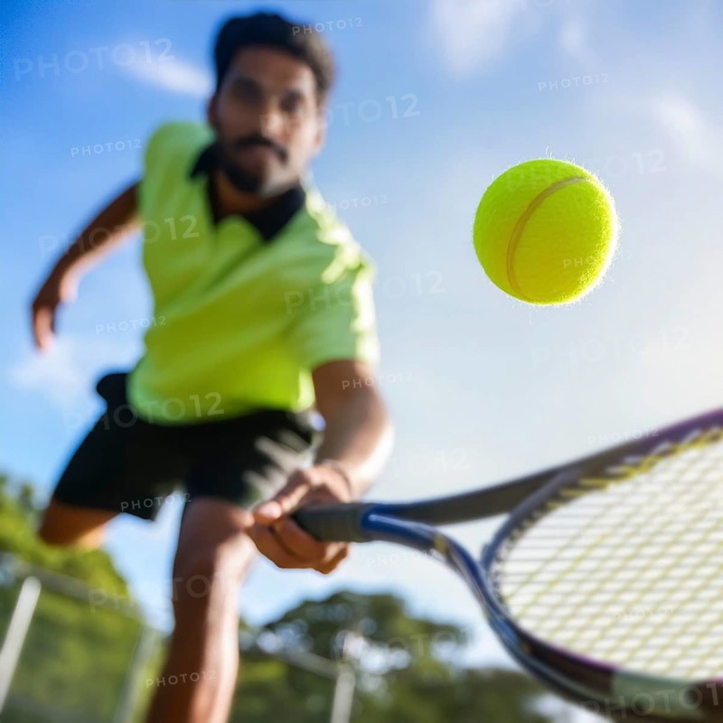 AI generated image showing a flying tennis ball closeup and player in court ambiance