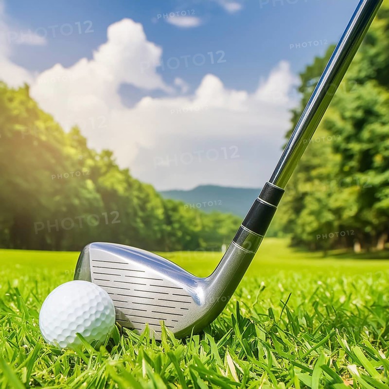 AI generated image showing a golf ball and golf club closeup on a course in sunny ambiance