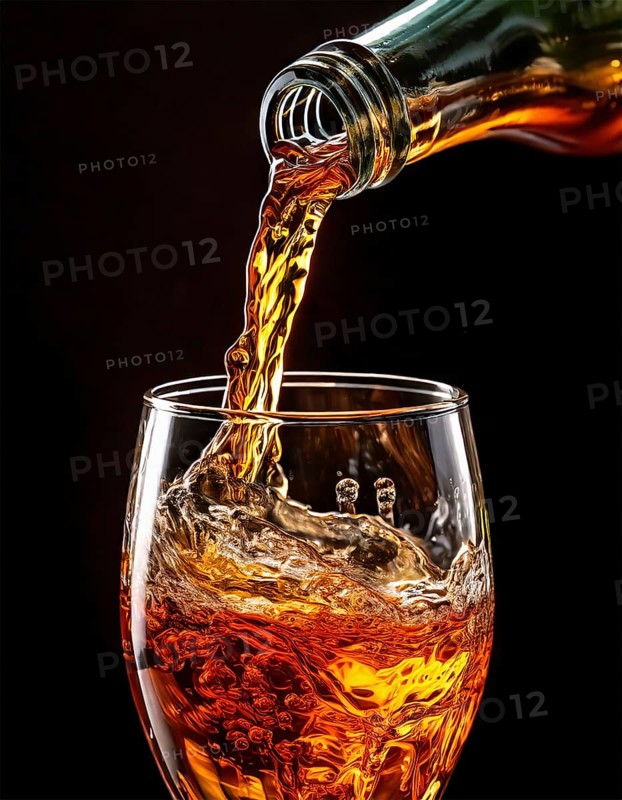 AI-generated close-up image showing a bottle from which a clear drink is poured into a glass, AI generated