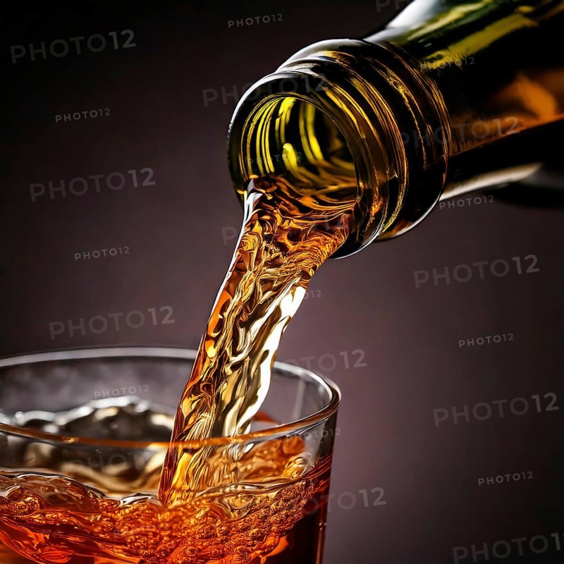 AI-generated close-up image showing a bottle from which a clear drink is poured into a glass, AI generated