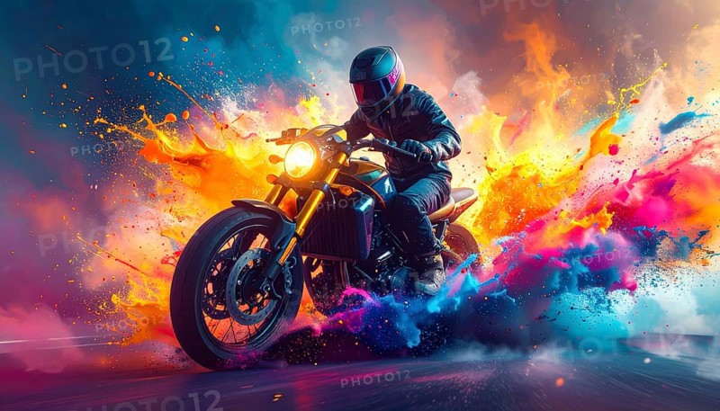 Ai generated image showing a driving motorcyclist on the road. AI illustration with light effects and colorful fiery liquid splashes