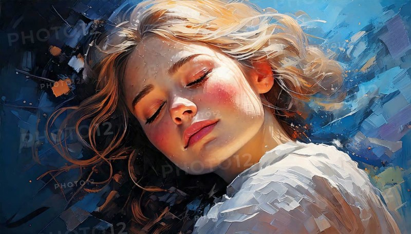 AI generated image showing the portrait of a painted young woman while dreaming with closed eyes
