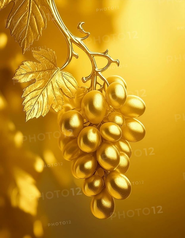 AI generated image showing golden grapes in shiny back