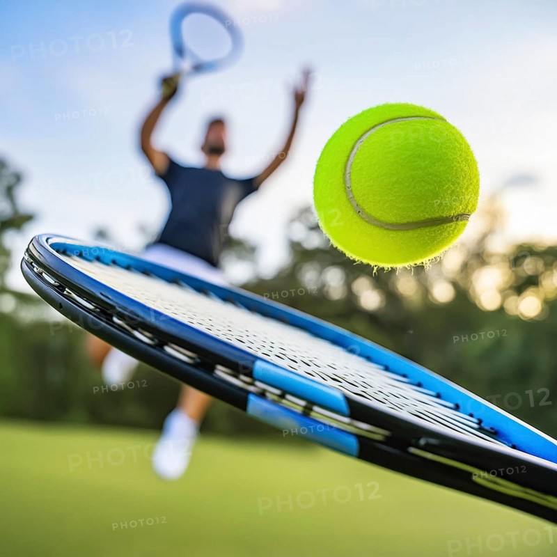 AI generated image showing a flying tennis ball, rack closeup and player in court ambiance