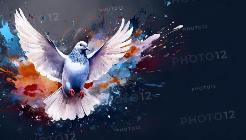 Animal, birds and wildlife theme showing a flying dove in multicolored vibrant splashy ambiance. AI generated image with lots of paint splashes, splatter and spots