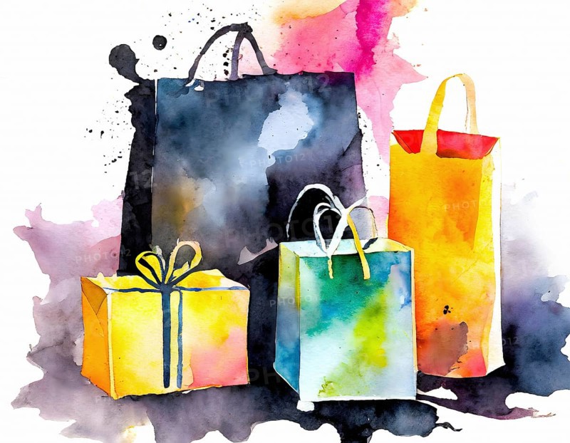 AI generated image showing some colorful presents and bags, watercolor style with splashes and spots