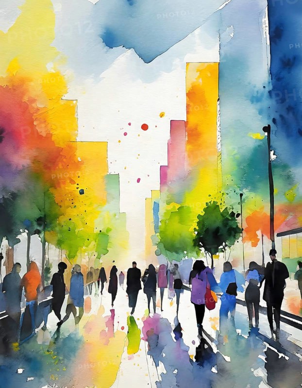 AI generated lifestyle theme showing an urban street scenery with lots of people in multicolored vibrant watercolor ambiance