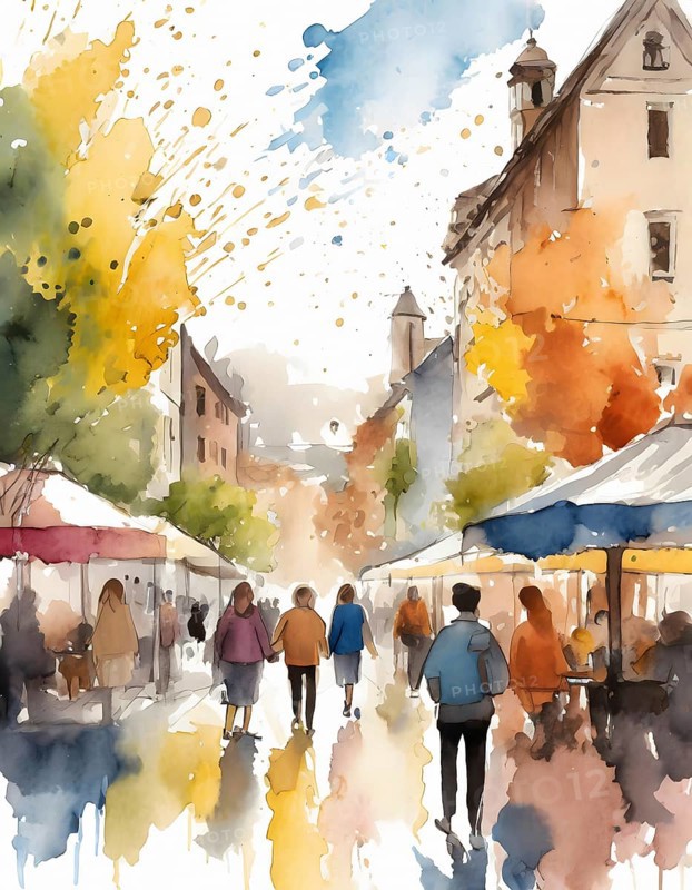 AI generated lifestyle theme showing a urban street market scenery with lots of people in multicolored vibrant watercolor ambiance