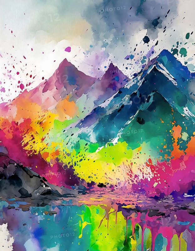Nature and traveling theme showing a mountain range in multicolored vibrant splashy ambiance. AI generated image with lots of paint splashes, splatter and spots