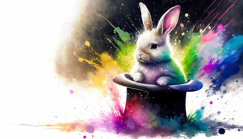 Magic theme showing a bunny in a top hat in multicolored vibrant splashy ambiance. AI generated image with lots of paint splashes, splatter and spots