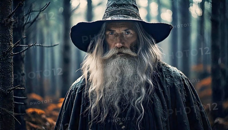 AI generated image showing the portrait of an old magician in forest ambiance