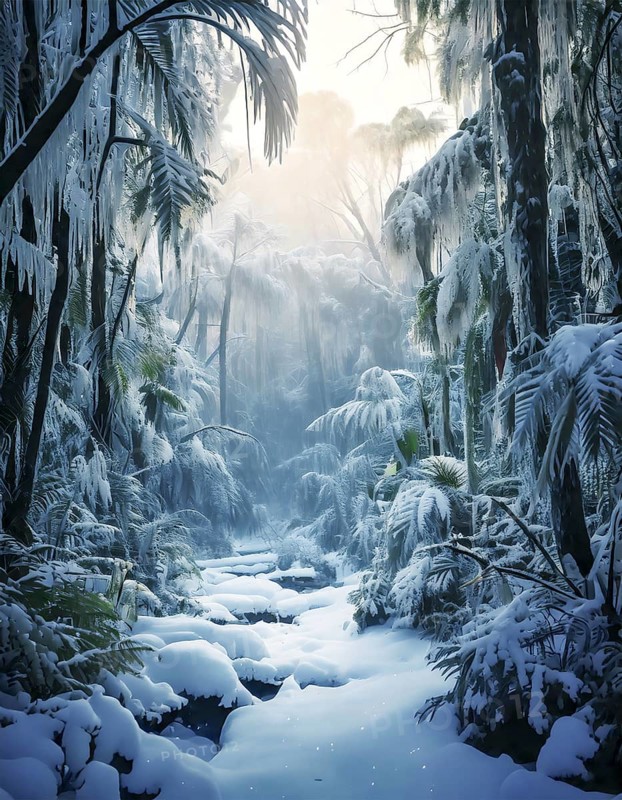 AI generated image showing a surreal snowbound tropical jungle scenery in foggy ambiance