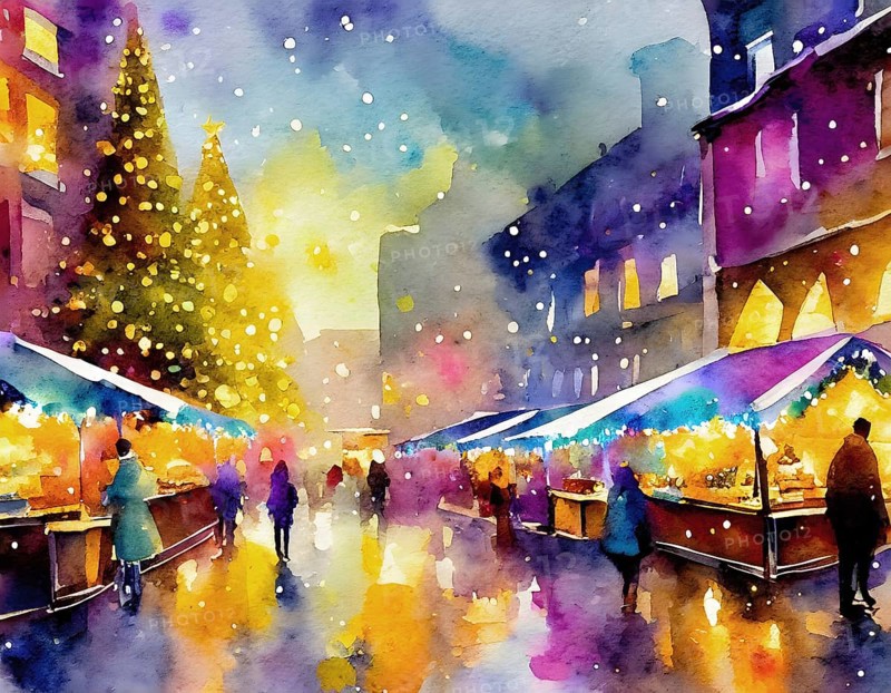 AI generated image showing a bright colorful illuminated christmas market in a city, watercolor style with splashes and spots