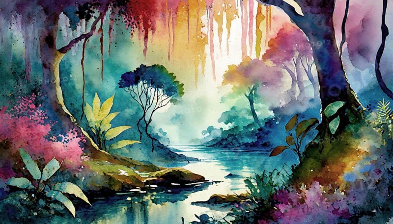 AI generated image showing a dense jungle scenery including a small river, watercolor style with splashes and spots