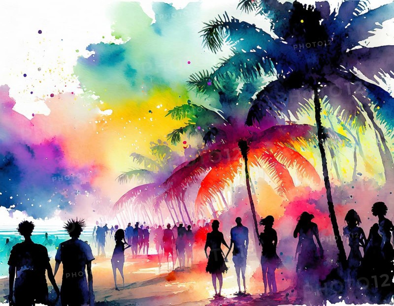 AI generated image showing a colorful illuminated beach party with palm trees at evening time, watercolor style with splashes and spots