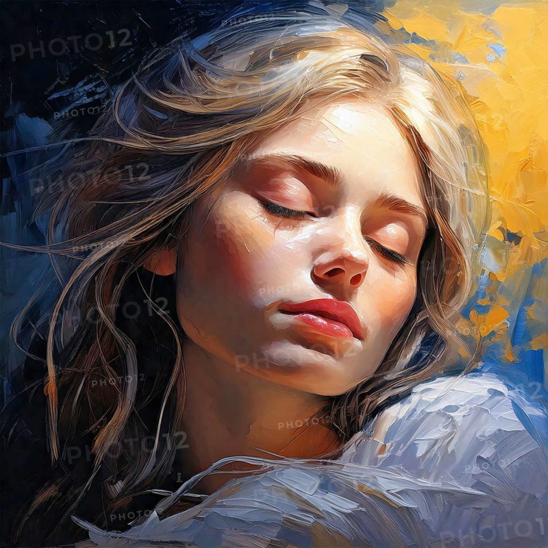 AI generated image showing the portrait of a painted young woman while dreaming with closed eyes