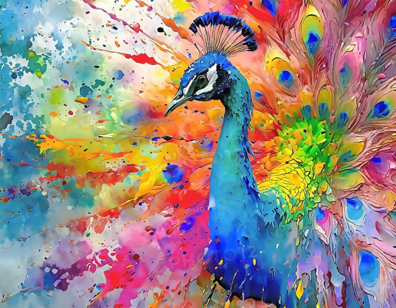 Animal and colors theme showing a peacock displaying his train in multicolored vibrant splashy ambiance. AI generated image with lots of paint splashes, splatter and spots