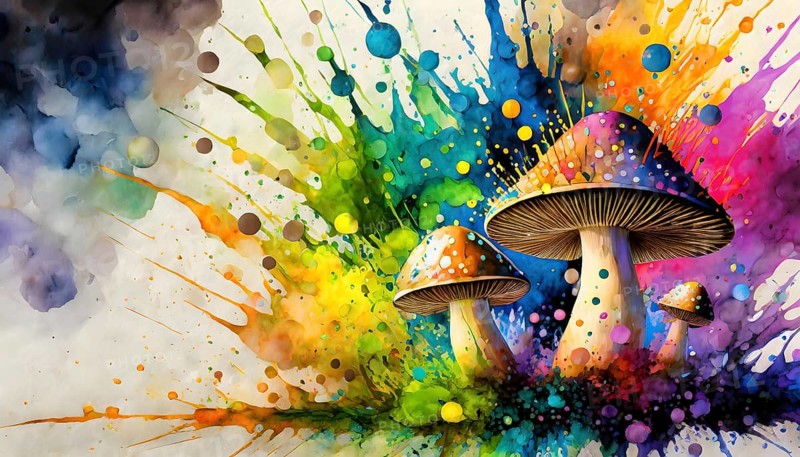 Recreational drugs theme showing some magic mushrooms in multicolored vibrant splashy ambiance. AI generated image with lots of paint splashes, splatter and spots