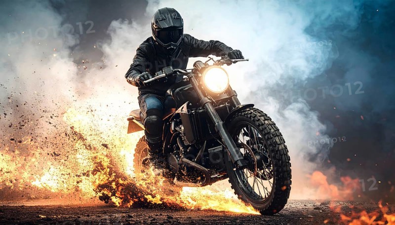 Ai generated image showing a driving motorcyclist surrounded by fire and smoke