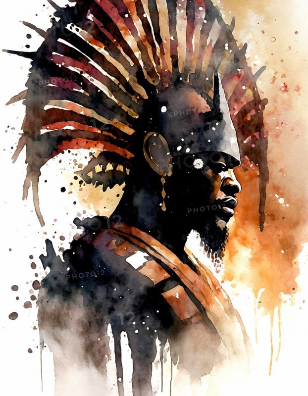 AI generated image showing the portrait of an african warrior with exotic headdress, watercolor style with splashes and spots