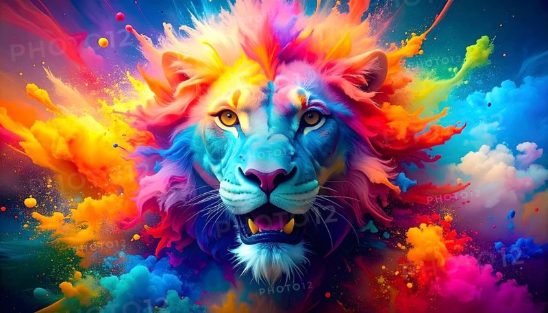 Lion portrait in flashy colorful ambiance. AI illustration with light effects and liquid splashes, AI generated