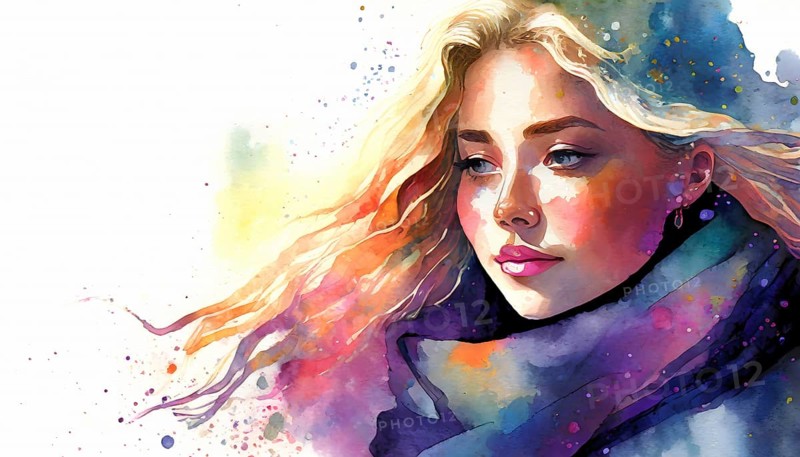 AI generated image showing the portrait of a young woman in colorful ambiance, watercolor style with splashes and spots