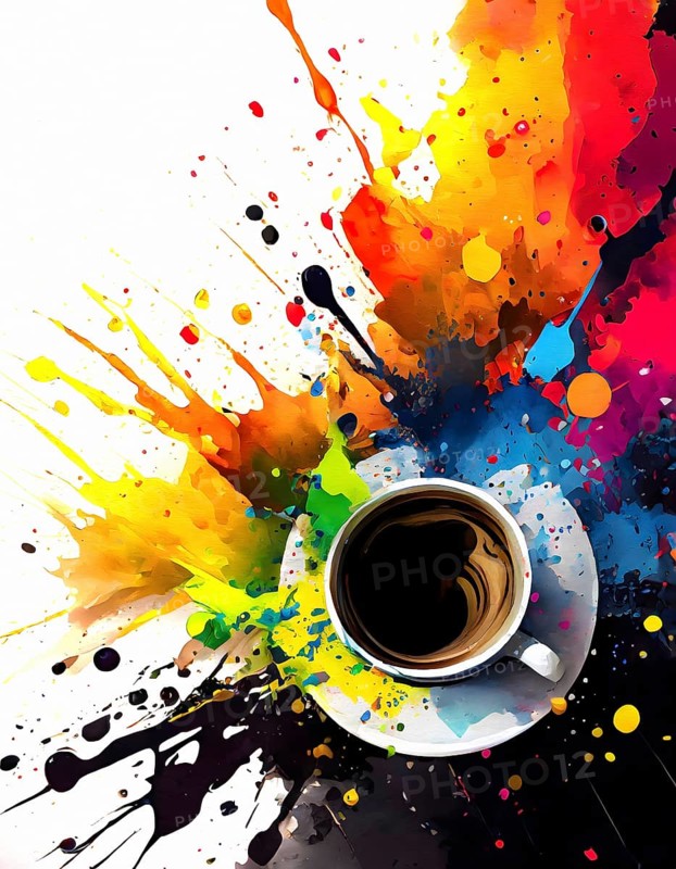 Consumption theme showing a cup of coffee in multicolored vibrant splashy ambiance. AI generated image with lots of paint splashes, splatter and spots