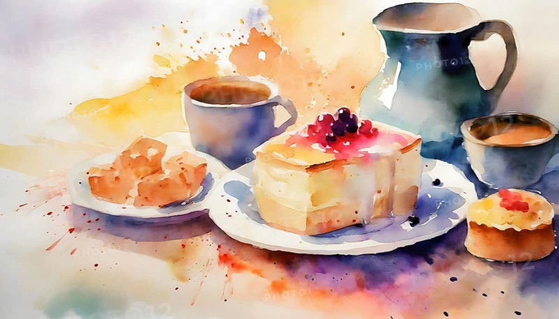 AI generated image showing coffee and some cakes, watercolor style with splashes and spots