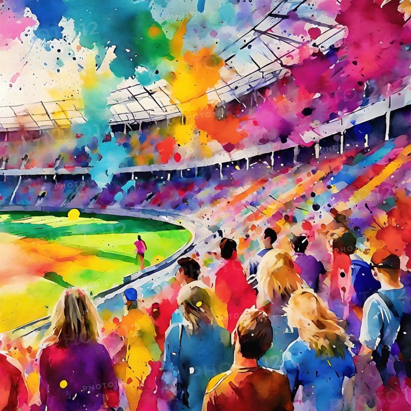 Event theme showing a stadium with lots of spectators in multicolored vibrant splashy ambiance. AI generated image with lots of paint splashes, splatter and spots