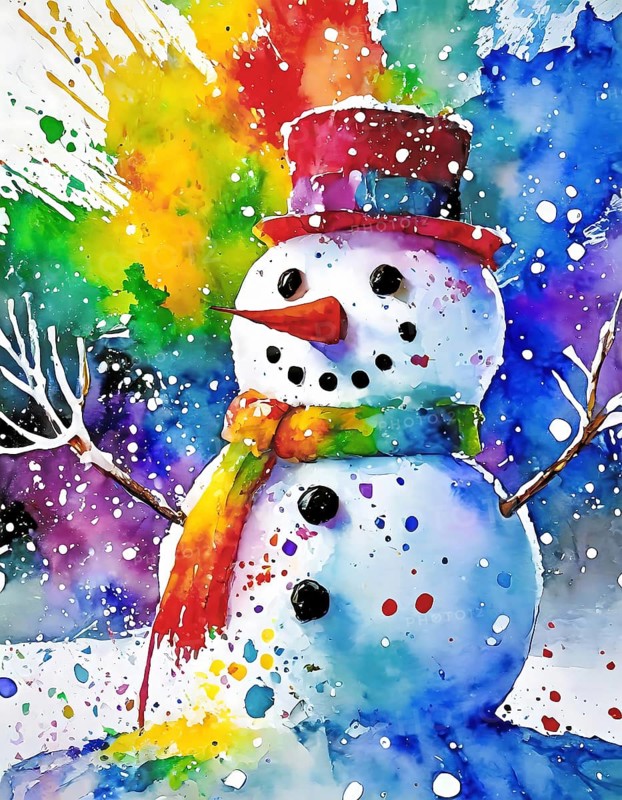 Seasonal and winter theme showing a snowman in multicolored vibrant splashy ambiance. AI generated image with lots of paint splashes, splatter and spots