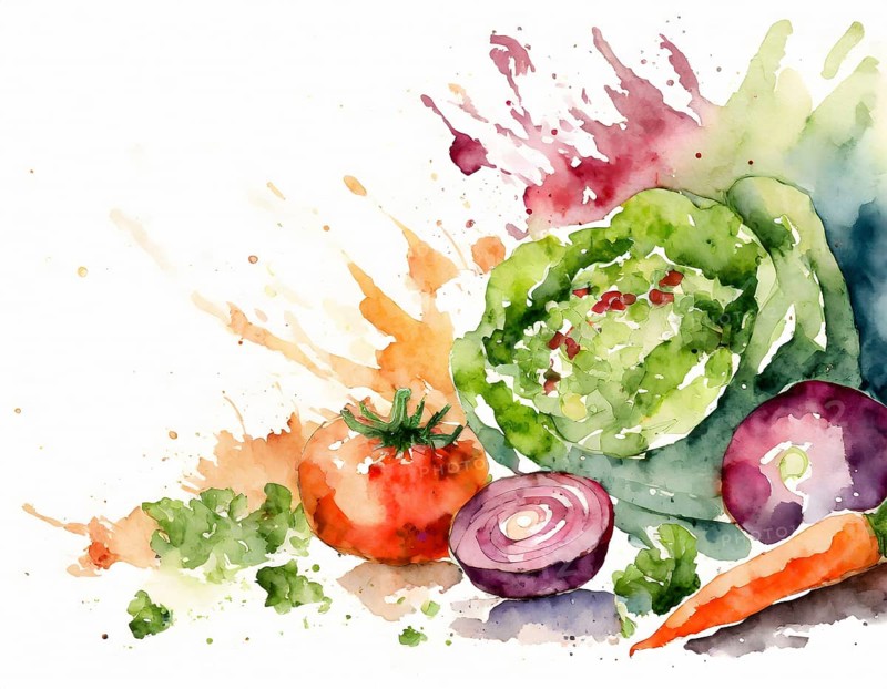 AI generated image showing some raw fruit and vegetables in light back, watercolor style with splashes and spots