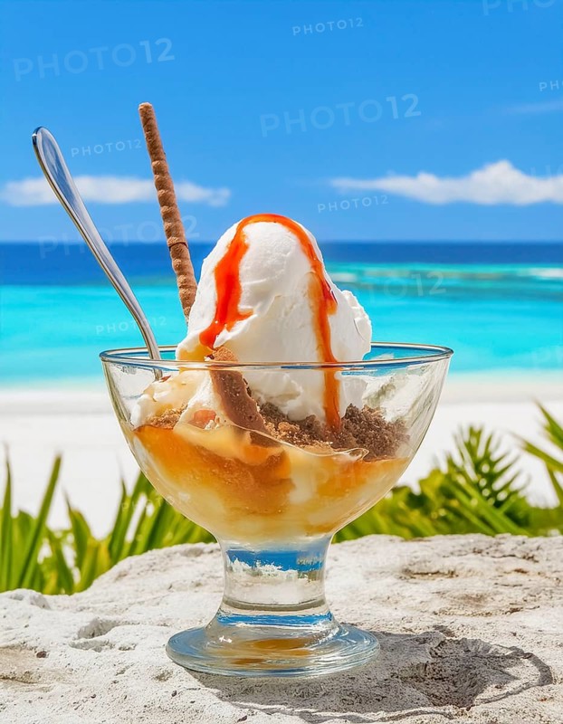 Ice cream sundae with fresh fruits in sunny tropical beach ambiance, AI generated image