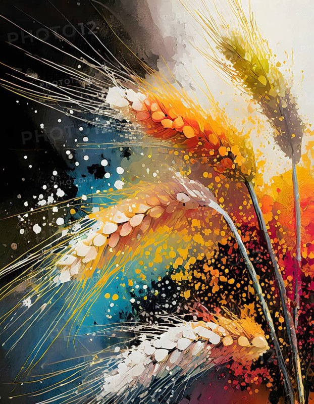 Food and agricultural theme showing some barley ears in multicolored vibrant splashy ambiance. AI generated image with lots of paint splashes, splatter and spots