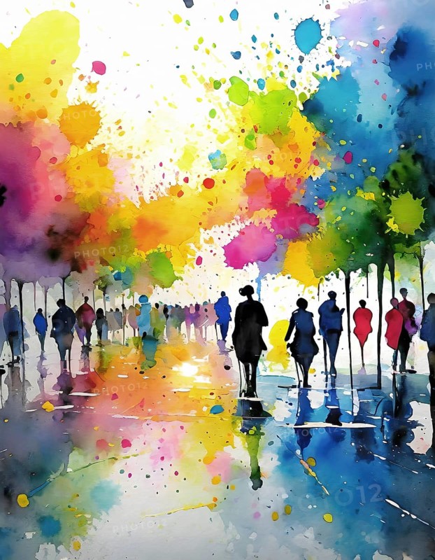 AI generated urban theme showing a wet street scenery with lots of people in multicolored vibrant watercolor ambiance