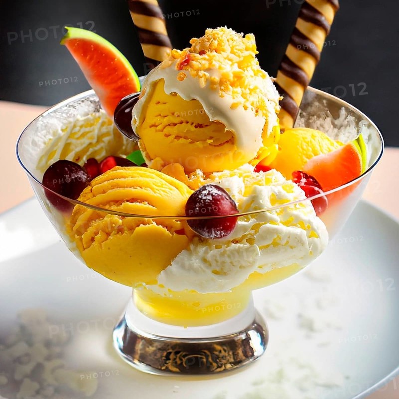 AI generated image showing a bowl made of glass filled with ice cream balls, some fruits and wafers
