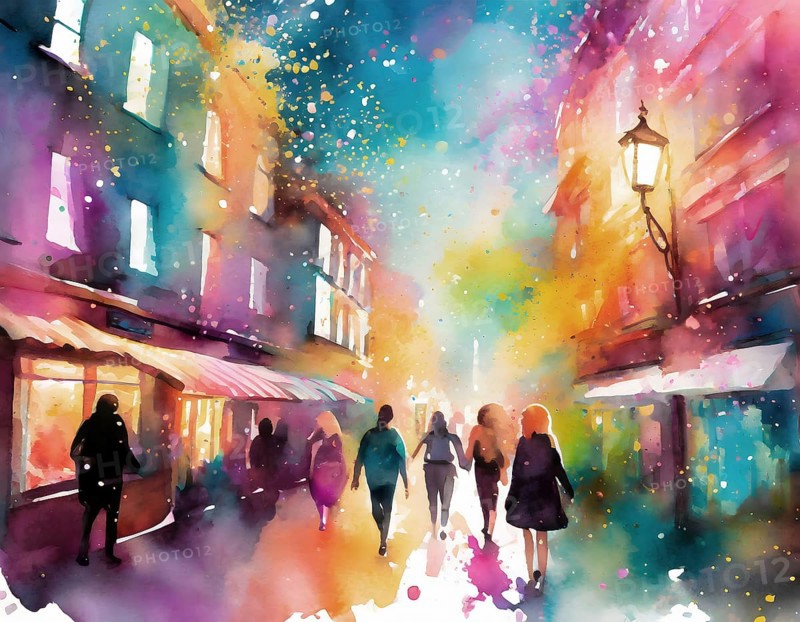 AI generated image showing a vivid illuminated city scenery, watercolor style with splashes and spots
