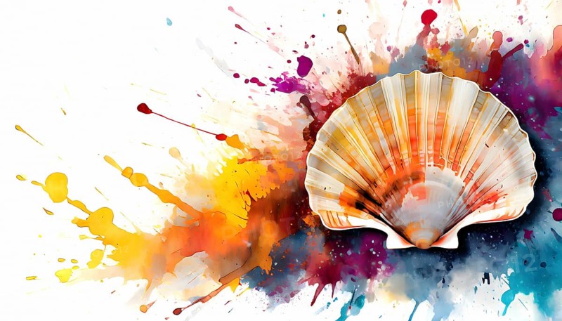 Symbolic theme showing a great scallop shell in multicolored vibrant splashy ambiance. AI generated image with lots of paint splashes, splatter and spots