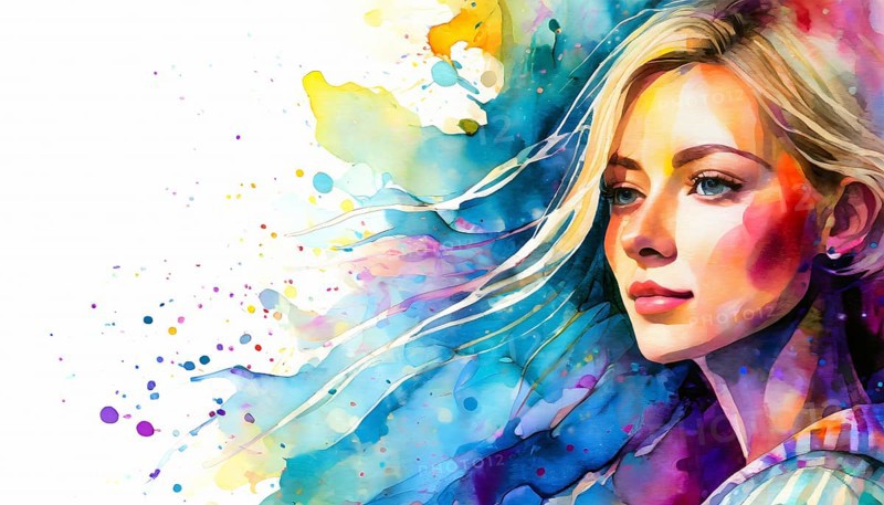 AI generated image showing the portrait of a young woman in colorful ambiance, watercolor style with splashes and spots