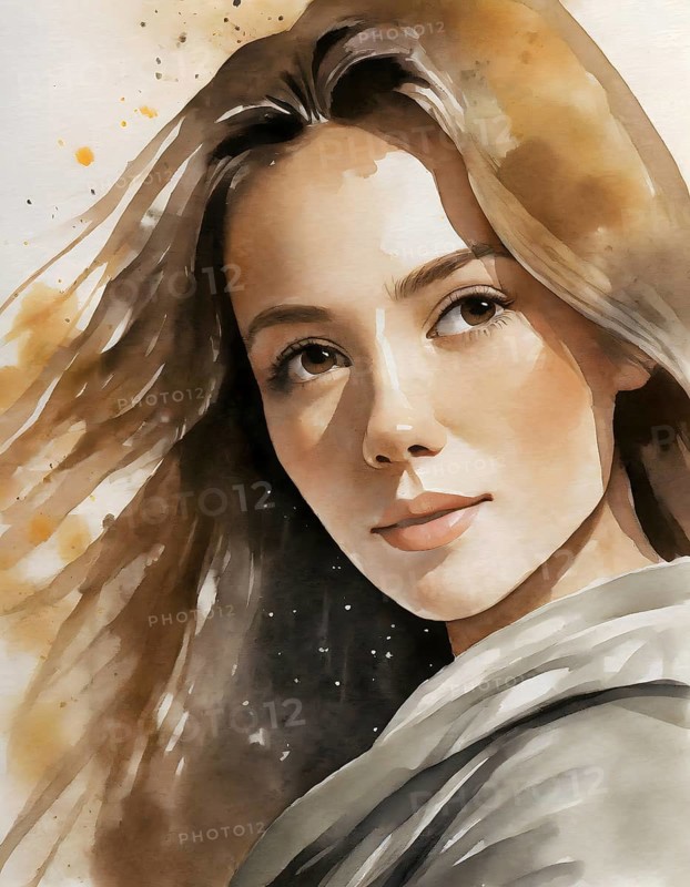 AI generated image showing the portrait of a young woman, watercolor style with splashes and spots