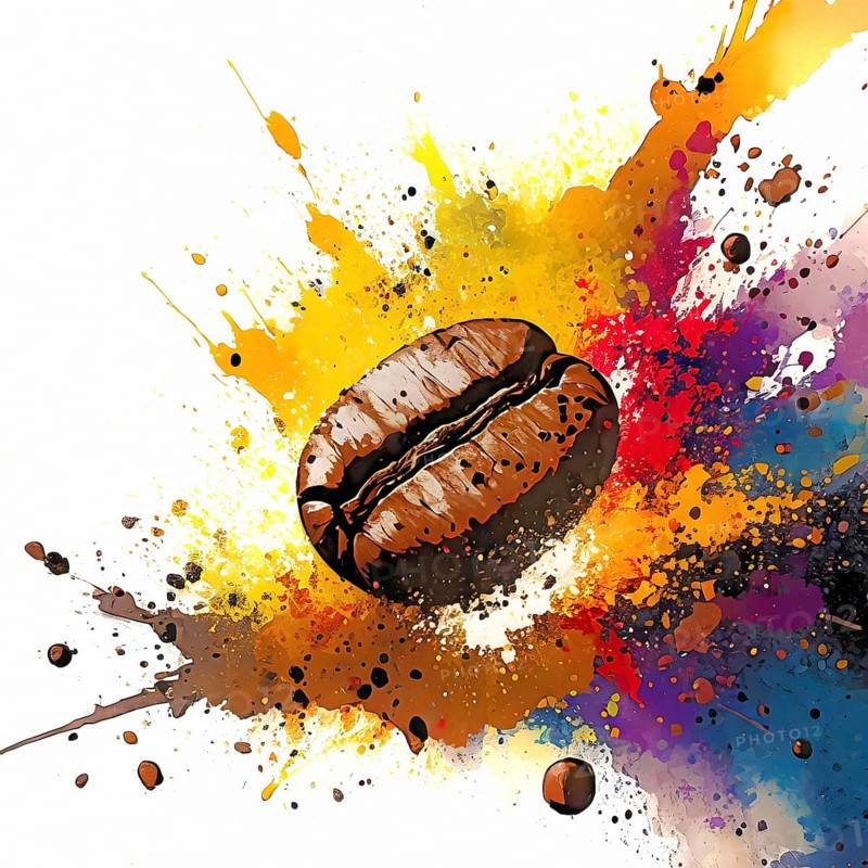 Consumption theme showing a coffee bean in multicolored vibrant splashy ambiance. AI generated image with lots of paint splashes, splatter and spots