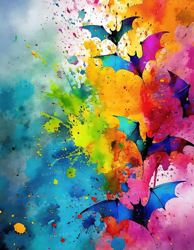 Animal and Halloween theme showing flying bats in multicolored vibrant splashy ambiance. AI generated image with lots of paint splashes, splatter and spots