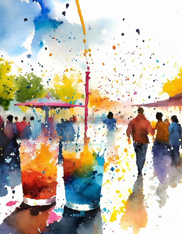AI generated lifestyle theme showing an urban street party scenery with lots of people in multicolored vibrant watercolor ambiance