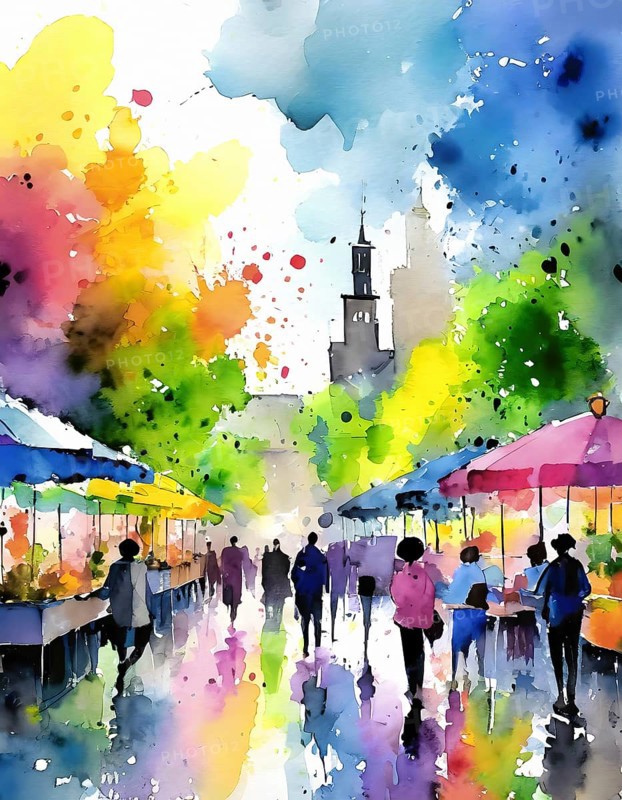 AI generated lifestyle theme showing an urban street market scenery with lots of people in multicolored vibrant watercolor ambiance