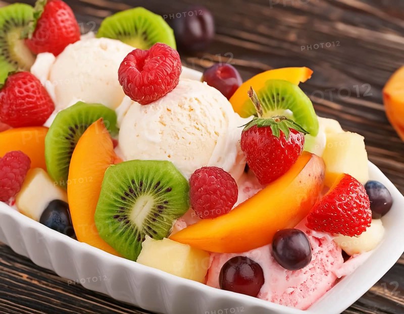 Closeup shot of a ice cream sundae with fresh fruits on wooden ground, AI generated image