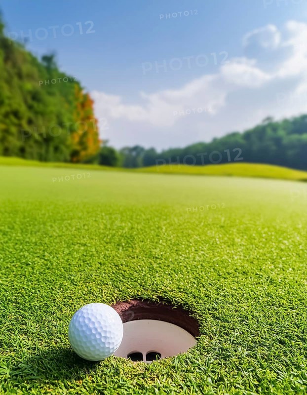 AI generated image showing a golf ball closeup near hole on a golf course