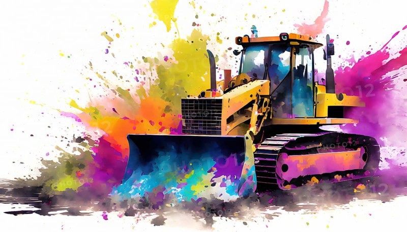 Construction theme showing a bulldozer in multicolored vibrant splashy ambiance. AI generated image with lots of paint splashes, splatter and spots